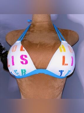 🌴 Y2K Hollister Push Up Bikini Top Rainbow Logo Print Swimwear Size M